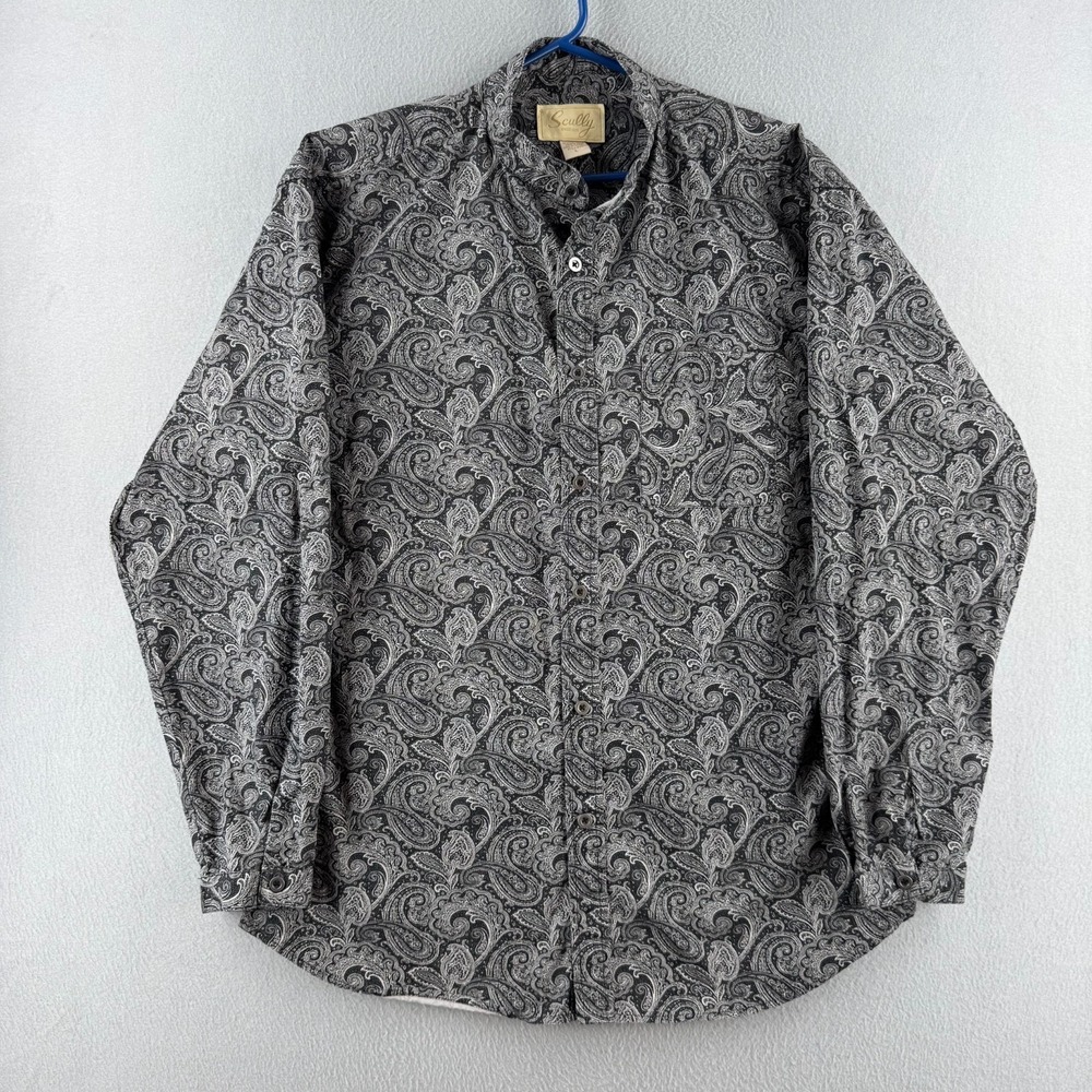 Scully Western Shirt Mens Large Black Paisley Band Collar Grandad Grandfather